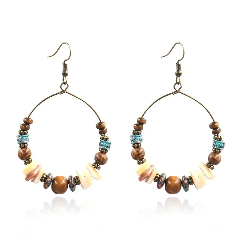 Bohemian Retro Drop Earrings Dangle Tassel Shells Wooden Beads Earrings For Women Ethnic Style Earrings Jewelry