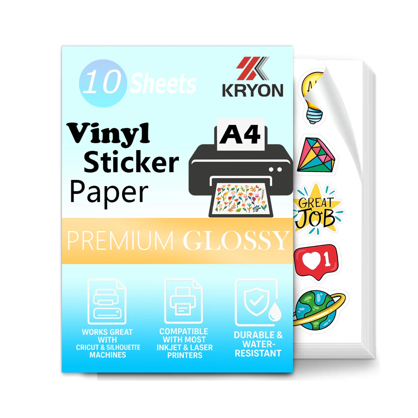 10 fogli di carta adesiva in vinile impermeabile lucido A4 per stampanti a getto d'inchiostro, autoadesiva, 8,3 x 11,7 pollici