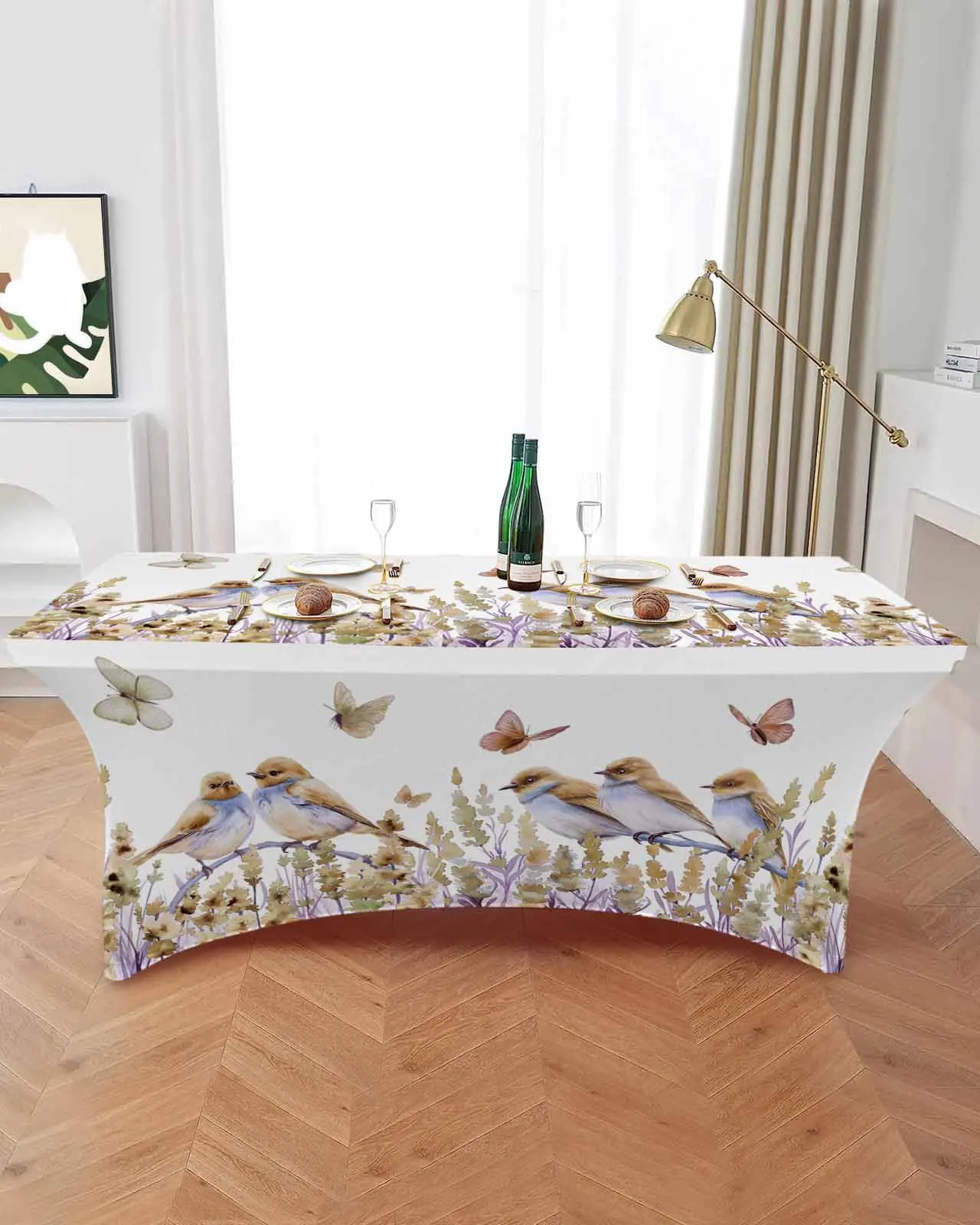 Flowers Birds Lavender Watercolor Butterflies High Stretch Tablecloth Wedding Party Decor Print Table Cover Outdoor Table Cloth