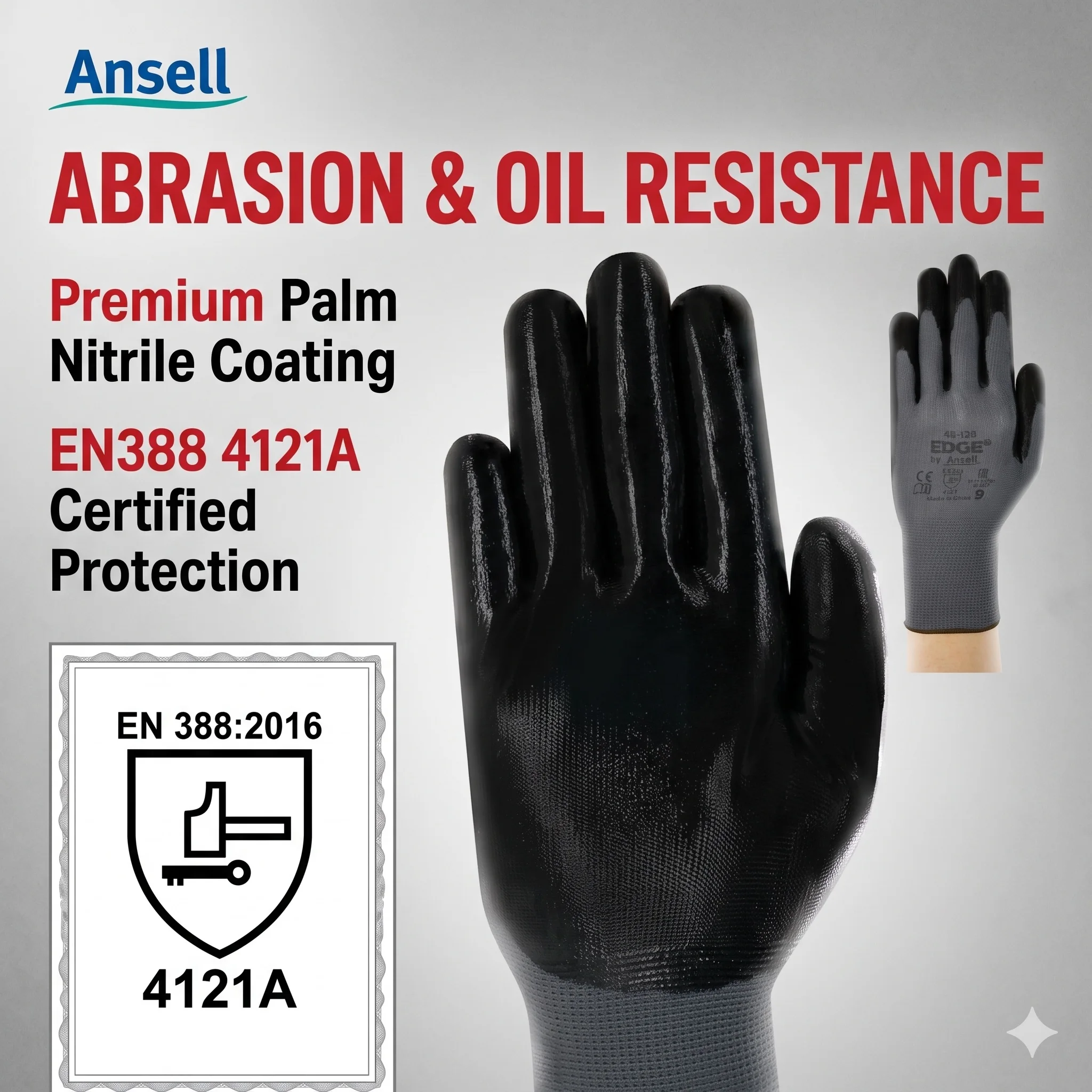 Ansell EDGE 48-128 Gloves For Work Working Garden Gardening Nitrile Foam Nylon Mechanic Heavy Duty Construction Oil Resistant