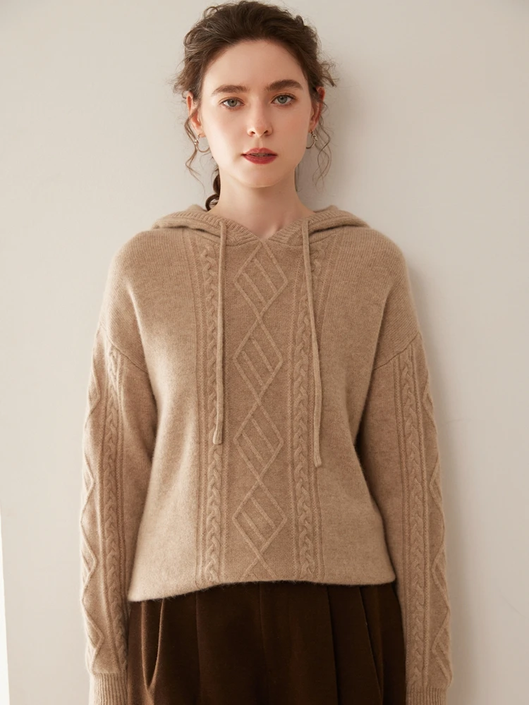 100% カシミヤ女性のパーカーソフトハイエンドシンプルカジュアル秋冬厚く暖かいニットフード付きプルオーバー