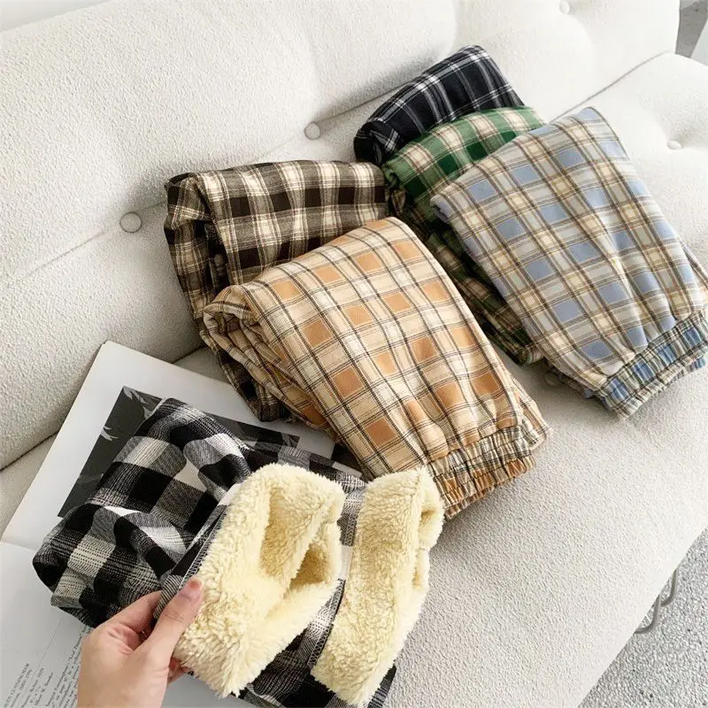 Winter Thick Plaid Pants Women Korean Fashion Warm Loose Wide Leg Trousers Student Y2K Causal High Waist Pants Outwear