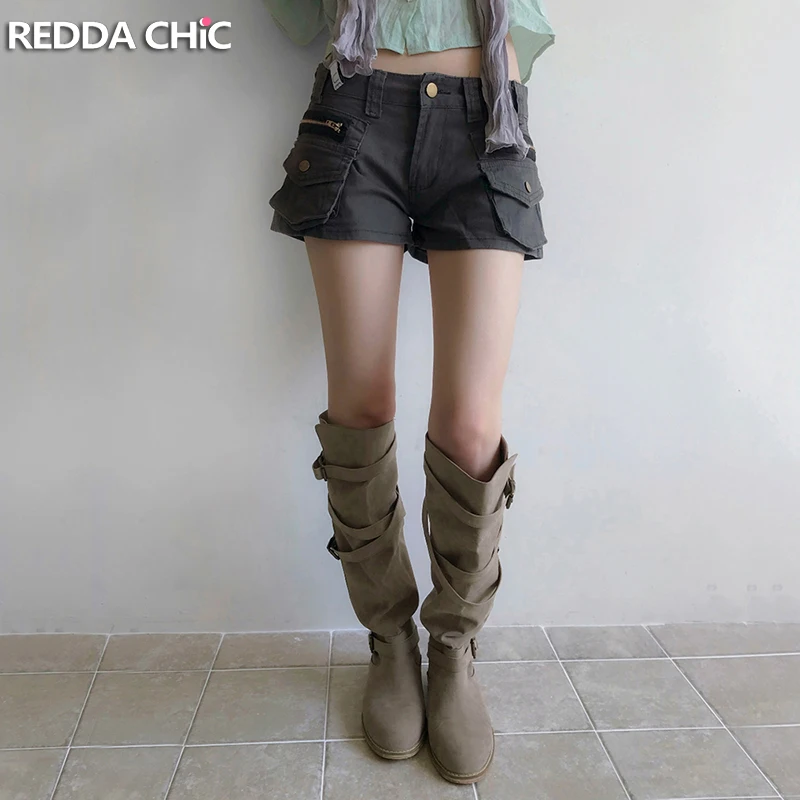 

REDDACHiC Women Big Pockets Jean Shorts Vintage Do Old Zipper Decor Slim Low Rise Stretchy Cargo Denim Pants Punk Summer Clothes