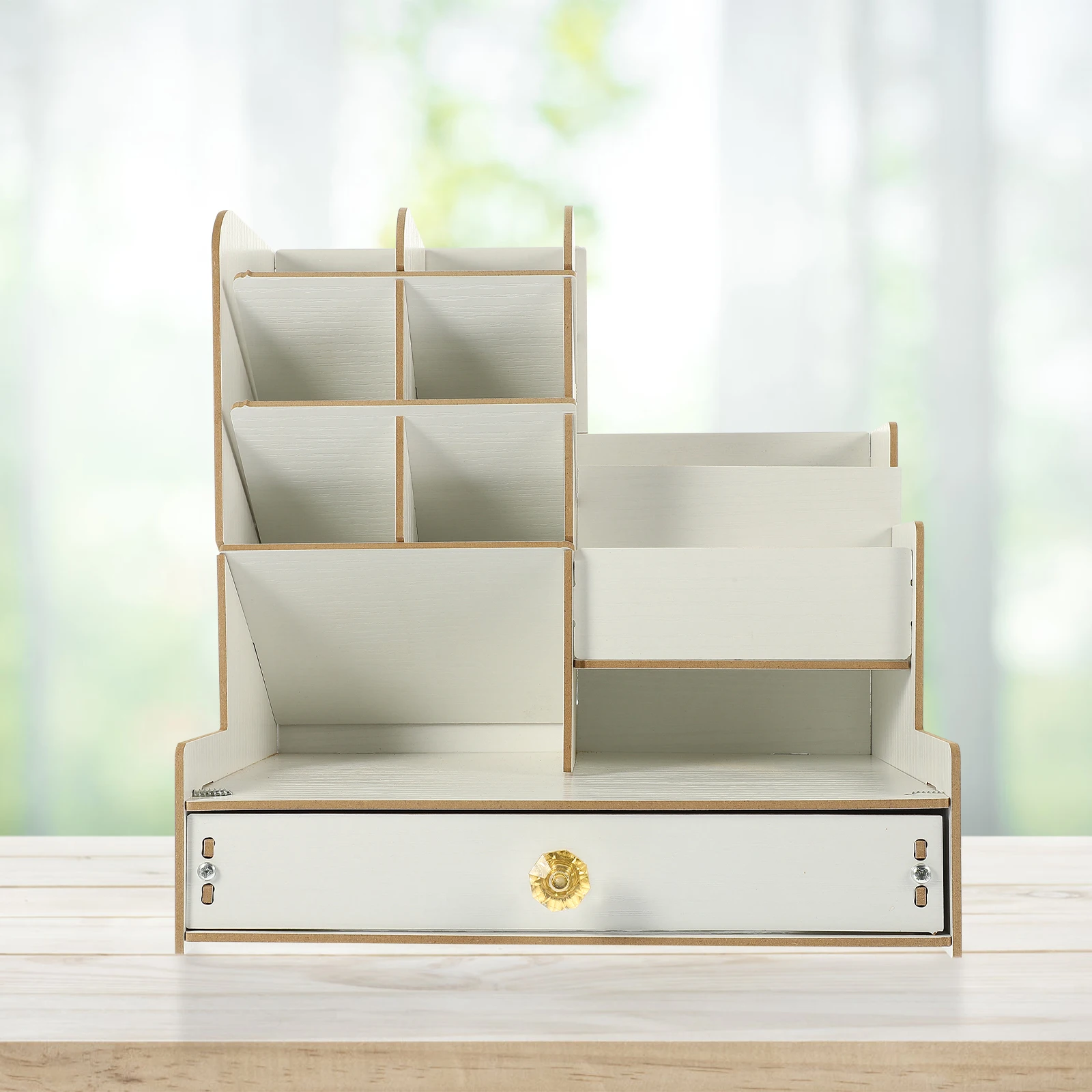 

Wooden Desk Organizer Pen Storage Box Multi-Tier Stationery Holder Office Bedroom Study Space-Saving Large Capacity Compartments
