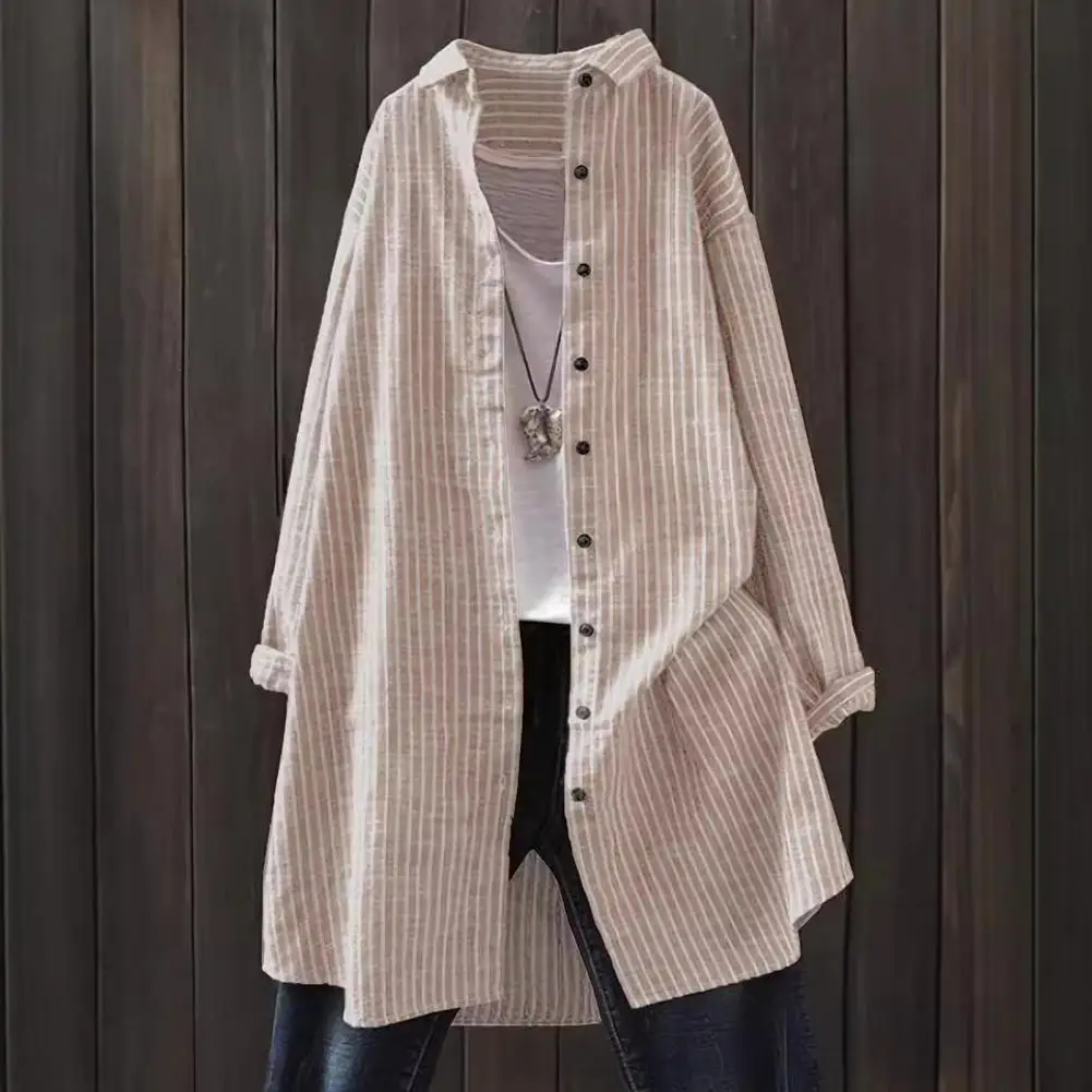 

Loose Fit Shirt Women’s Striped Lapel Shirt Long Sleeve Loose Fit Blouse Mid-length Top for Work Party Vacation Wear Soft