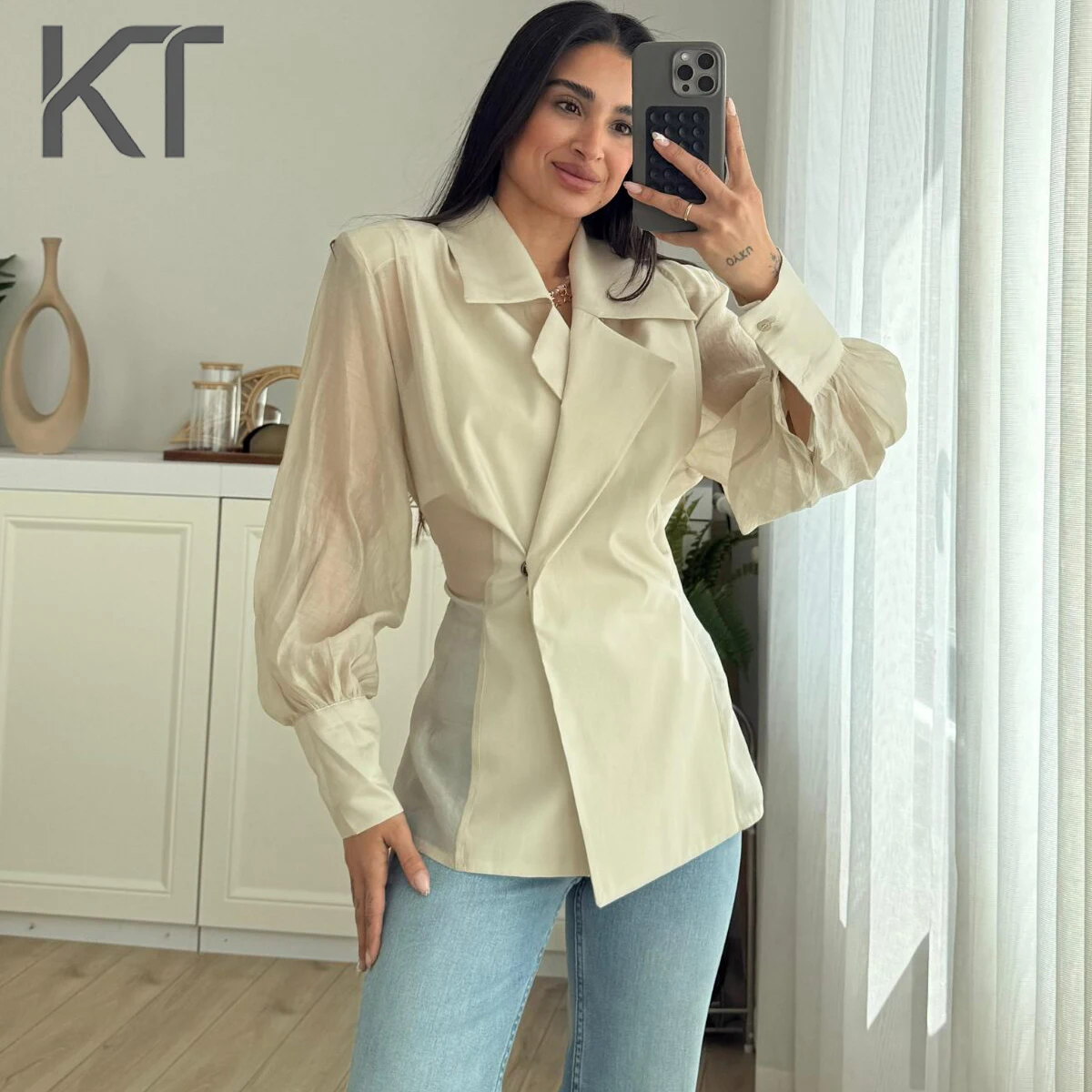 

Элегантный бежевый прозрачный блейзер из органзы KT для женщин: с пышными рукавами, приталенный, с асимметричным подолом, для офиса и вечеринок