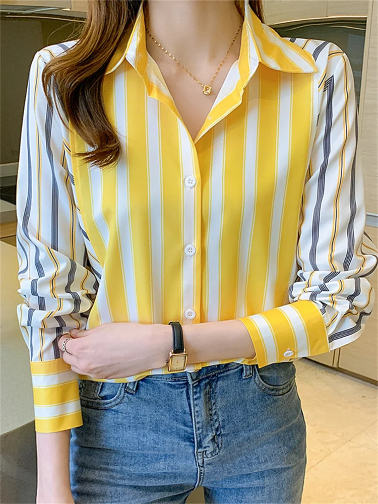 #3144 Yellow Split Joint Vertrical Striped Shirt Women Slim Fit Korean Style Spring Office Shirt Chiffon Ladies Tops And Blouses