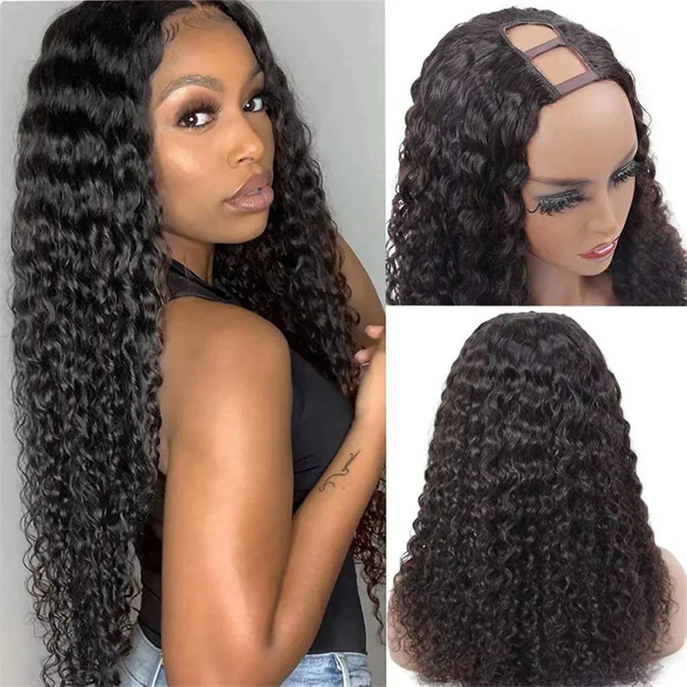 U Part Wigs Deep Wave Human Hair Deep Wave for Women Machine Made U Part Human Hair Wigs Brazilian 180% Density Natural Color