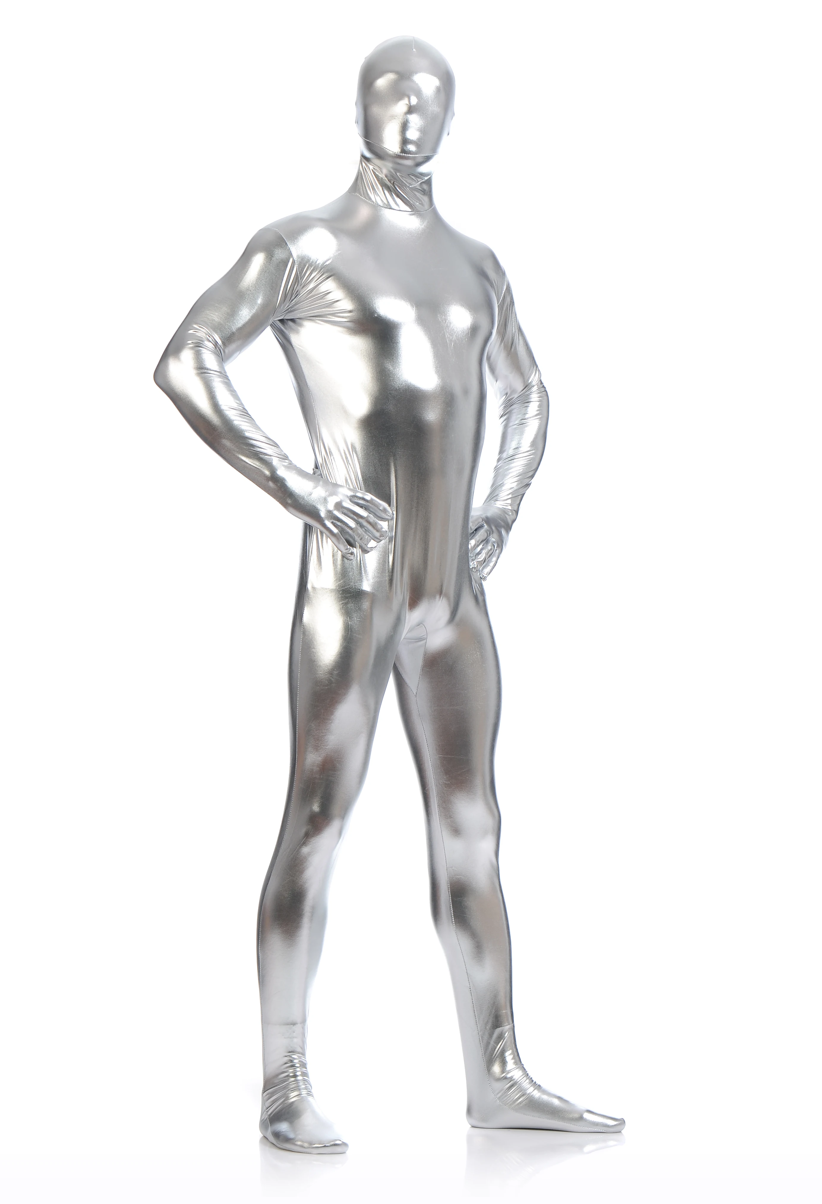 Volwassen Glanzend Metallic Spandex Full Body Zentai Kostuums Voet Unitard Pak Catsuit Mannen Halloween Rug Rits Kerst Cosplay