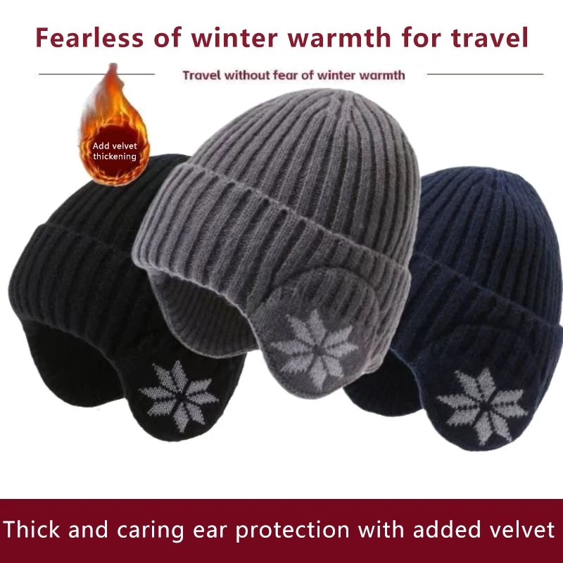 Winter Men Ear Protection Knitted Hat Velvet Lining Male Earmuffs Cap Soft Wool Ski Riding Bonnet Plush Warm Skullies Beanies