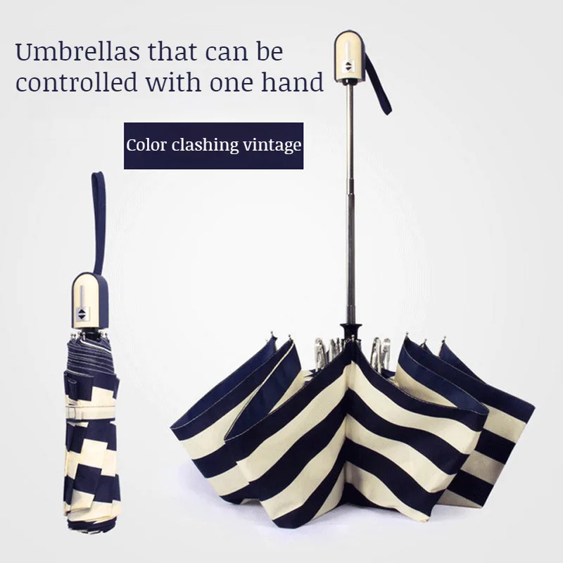 Ultra-lightweight navy striped automatic umbrella defense parasol sun umbrella folding tri-folding rain and sunny umbrella