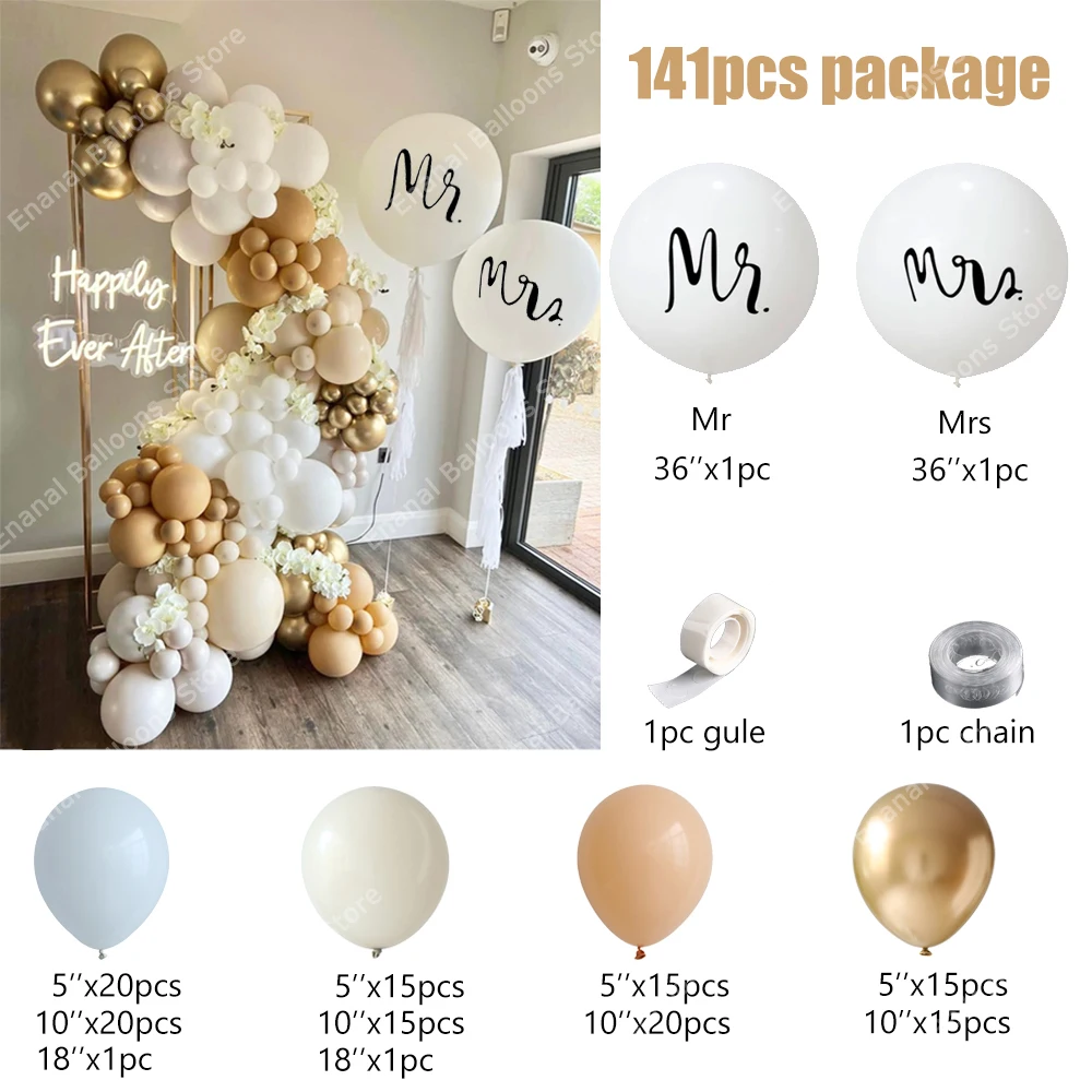 141pcs Beige White Gold Balloon Garland Arch 36inch Mr Mrs Latex Balloon Bridal Wedding Party Deco Valentines Day Birthday Globo