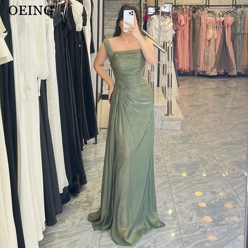 

OEING Elegant A-Line Light Green Evening Dress Sleeveless Square Collar Party Gown Pleats Floor-Length Formal Dresses Customized