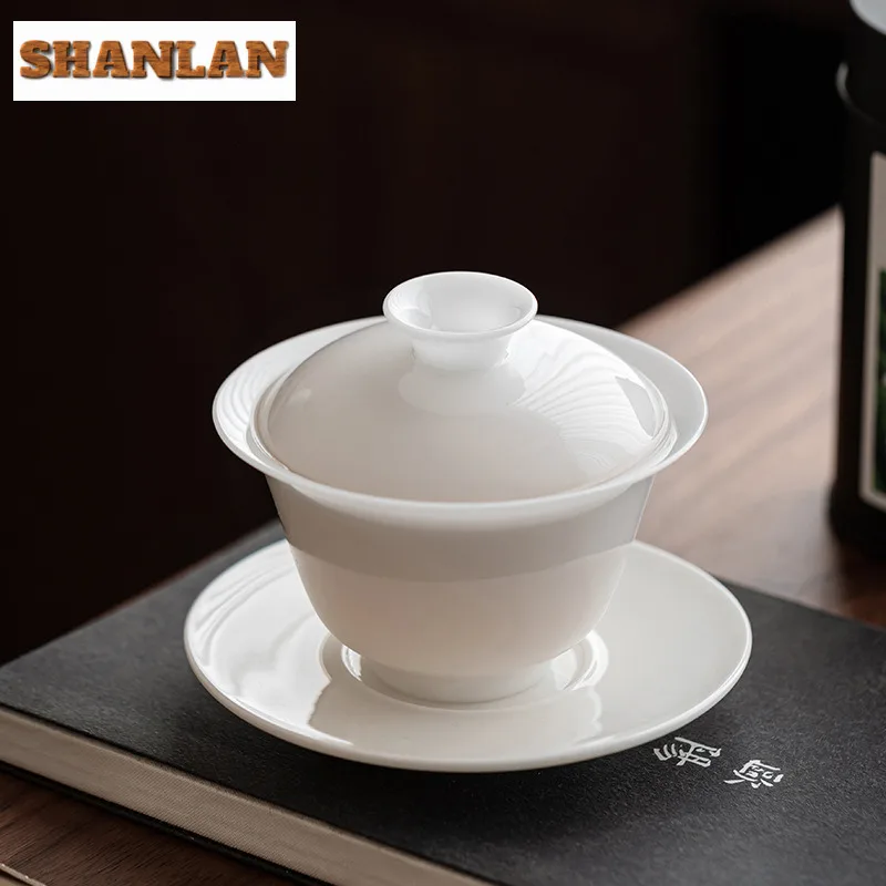Mutton Fat Jade Porcelain Sancai Gaiwan Elegant Tea Tureen Tea Bowl With Lid Kit Tea Brewing Cover Bowl Chinese Tea Set Craft