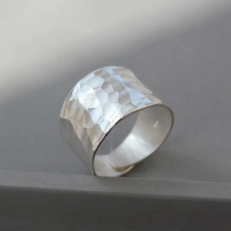 Original Silver 925 White Fashion Wide Hammer Pattern Ring for Men and Women Unisex Style Simple Classic Ring Banquet Jewelry