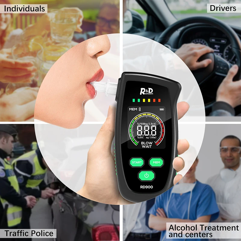 R&D RD900 Alcohol Tester Rechargeable Digital Breath Tester Breathalyzer Gas Alcohol Detector for Personal & Professional Use