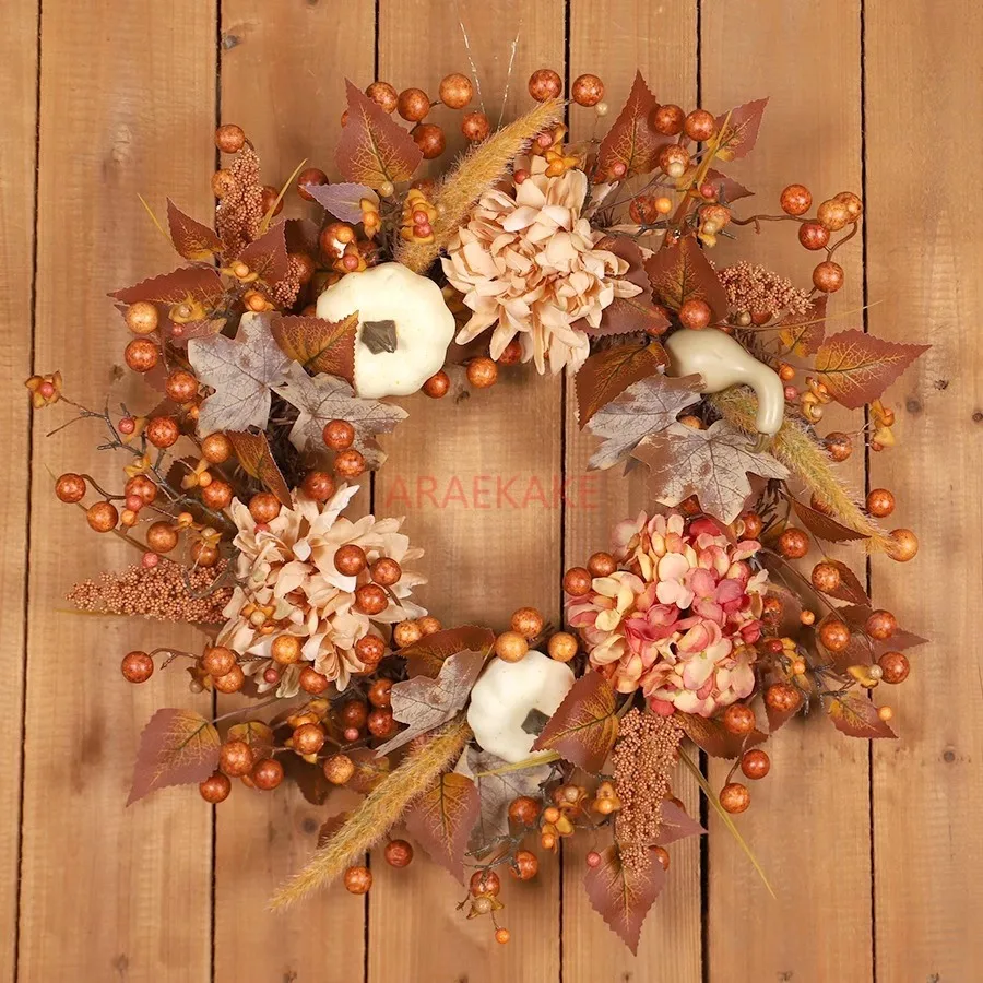 Thanksgiving Autumn Decoration Embroidered Ball Flower White Pumpkin Wreath Simulation Door Pendant