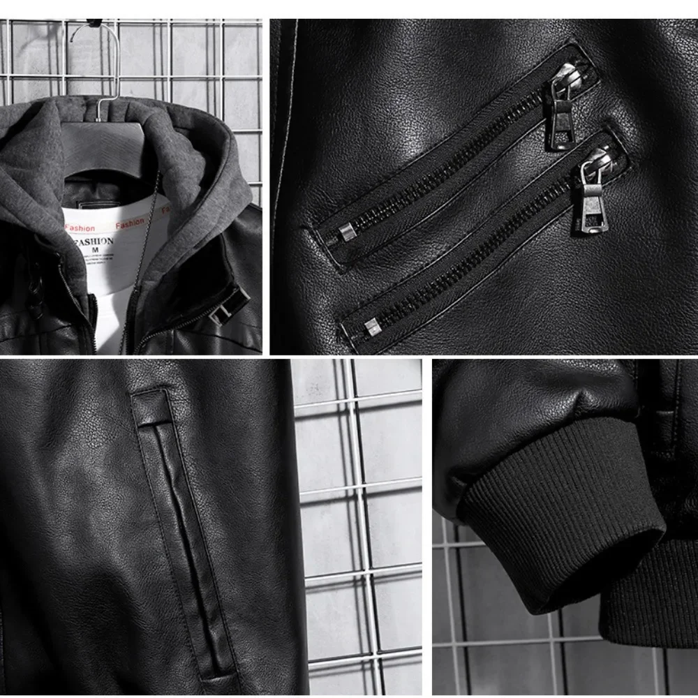 New Removable Cap Leather Jacket Men\'s Autumn and Winter PU Leather Jacket Coat in The Youth Men\'s Biker Wind Men\'s Leather Coat
