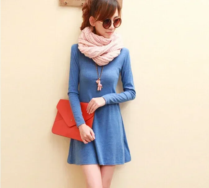 Hot Sale Spring Women Dress Fashion Pure Color 100% Cotton Casual Dress Long Sleeve Woolen Spring Autumn Winter Dresses Vestidos