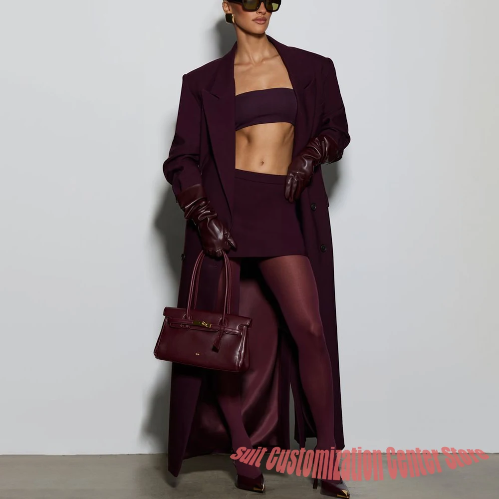 

Burgundy Oversized Women's Long Jacket+Mini Skirt Suit Set Double Breasted Peaked Lapel Trench Coat Chic Evening Party Clothes