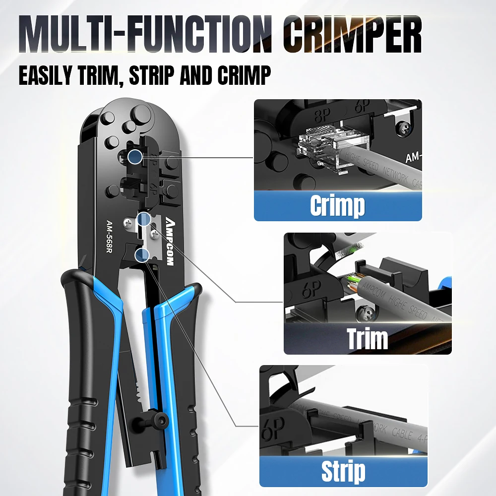 AMPCOM rj45 crimper RJ11 RJ45 Krimptang Ethernet Netwerk LAN Kabel Crimper Cutter Stripper Tang voor 6P 8P RJ-11/RJ-12 RJ-45