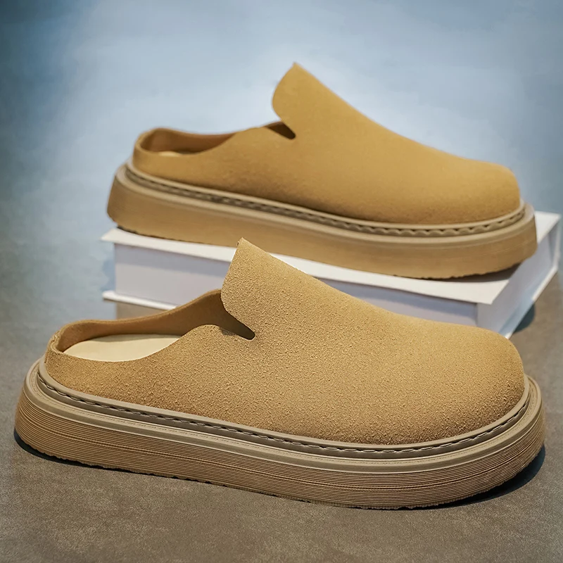 Men Slip On Mules Spring Autumn Wide Round Toe Matte Finish Minimalist Design Chunky Flat Sole Backless Loafers