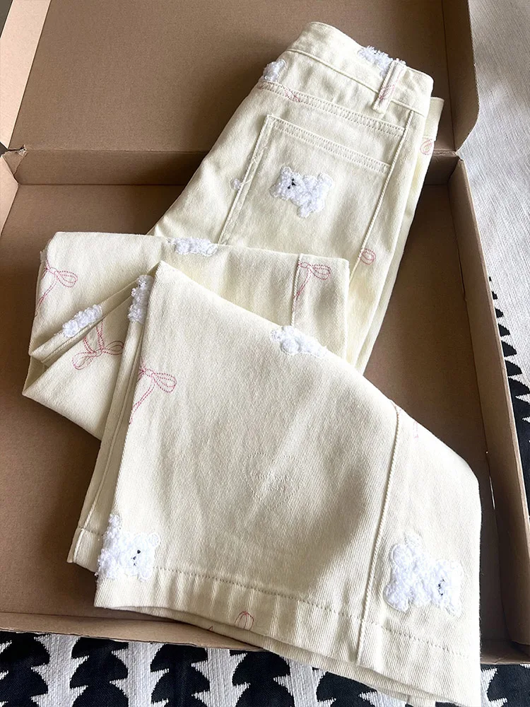 

Широкие джинсы с высокой талией и вышивкой милого медведя, женские весенне-осенние свободные утягивающие джинсовые брюки прямого кроя, повседневные модные