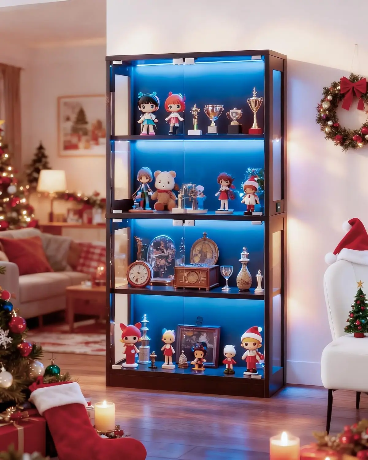 

65" Tall Display Case with RGB Lights Curio Cabinet with Glass Doors 4-Tier LED Storage Cabinet with Human Body Sensor