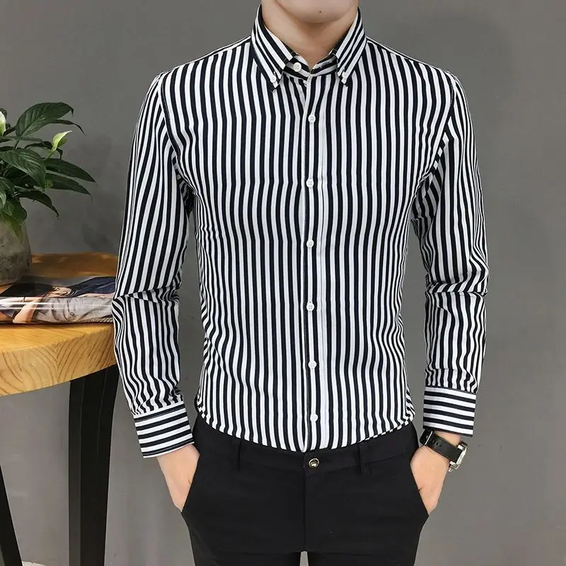 

2024 Men's Slim Fit Striped Shirt Long Sleeve - Spring Korean Style Contrast Print Casual Button Down Shirt M-5XL
