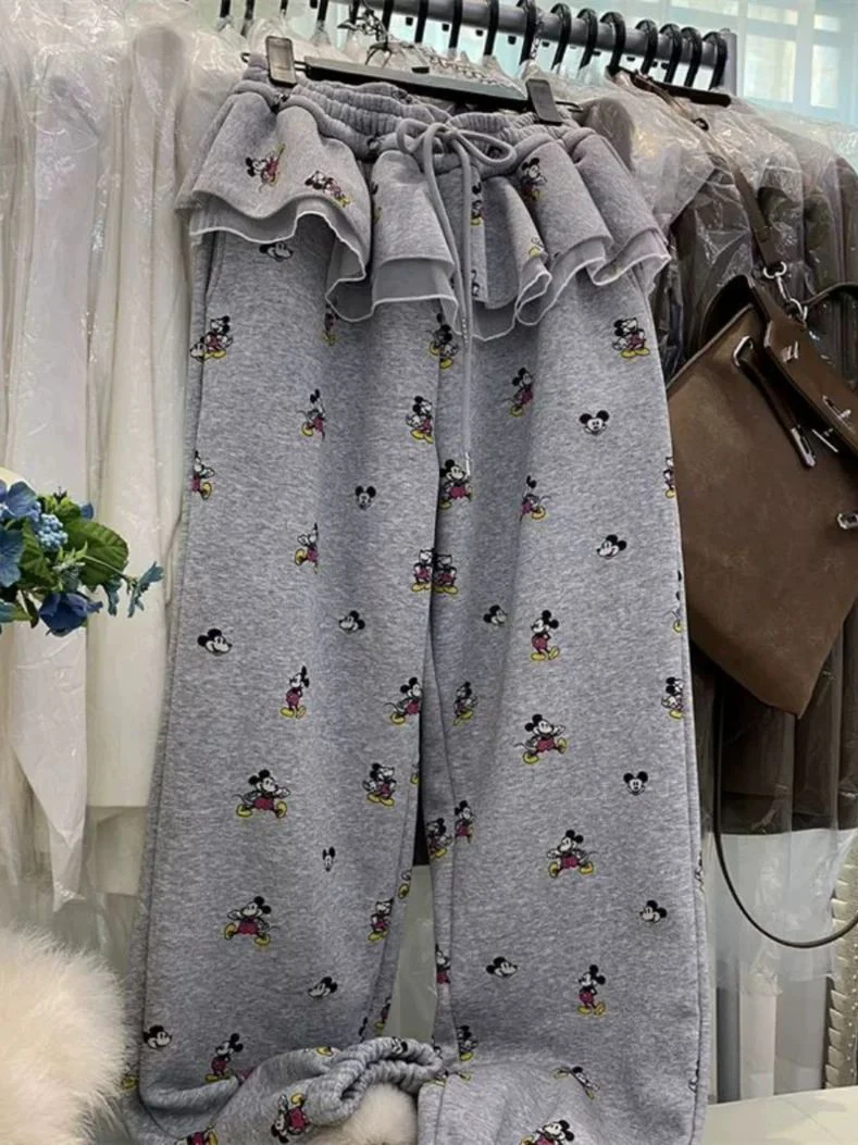 Calças Casuais Plus Size Coreanas com Estampa de Desenho Animado de Bailarina, Renda, Caimento Solto, Estilo Harlan para Mulheres Robustas, Confortáveis e com Efeito Emagrecedor