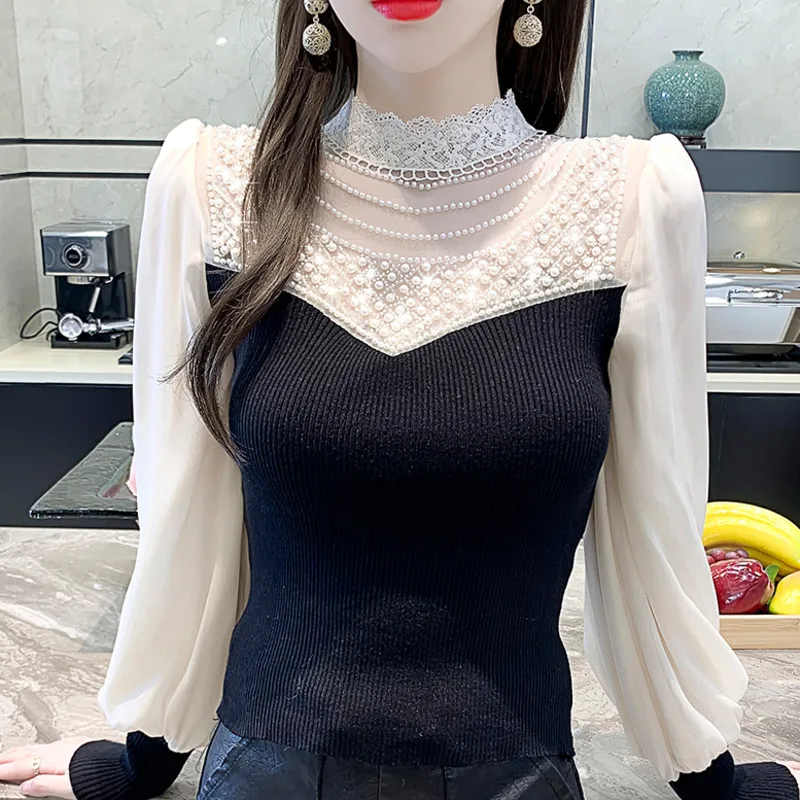 #4301 Chiffon Puff Sleeve Women Short Sweaters Pullovers Half High Collar Pearls Korean Style Slim Knitted Sweater Femme Tight