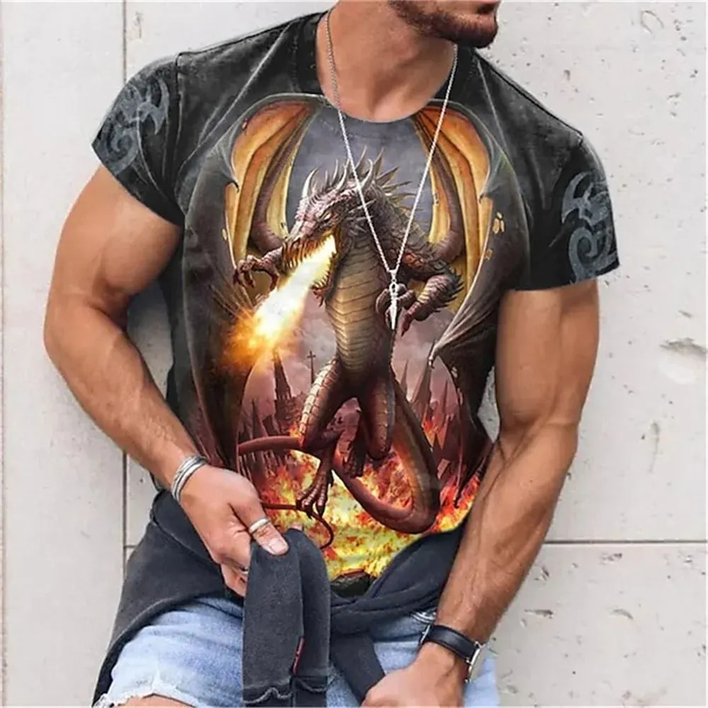 2024 New Summer Men\'s Round Neck Tops T-shirt Oversized Evil Dragon Print Pattern T-shirt Street New Fashion Short-sleeved Tops