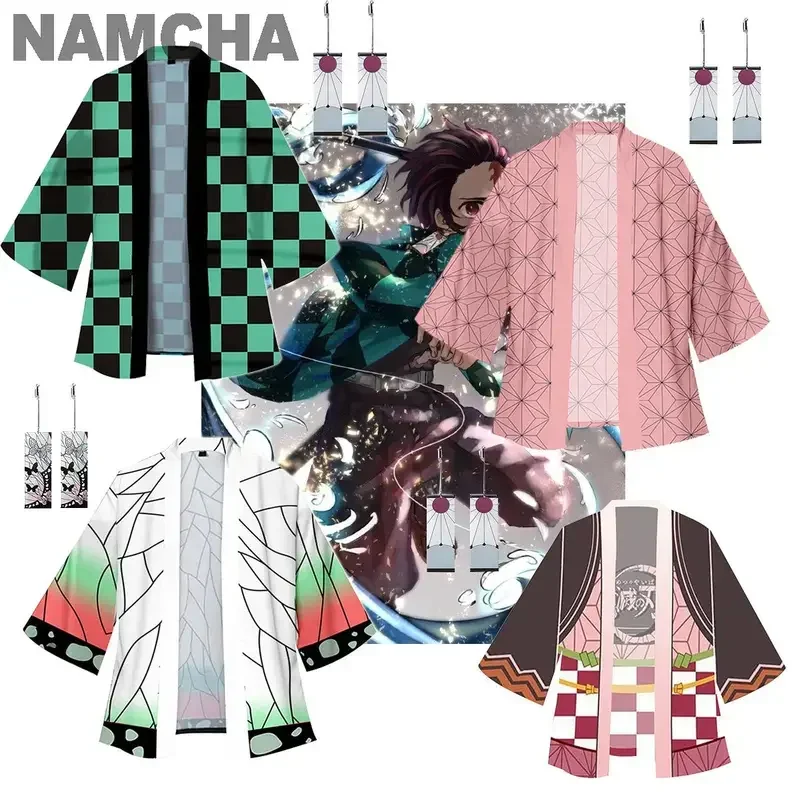 SN66 Anime Kamado Tanjirou Cosplay Costume Kamado Nezuko Giyuu Tomioka Kimono Cloaks Jacket Cardigan with Ear Clips2@w $