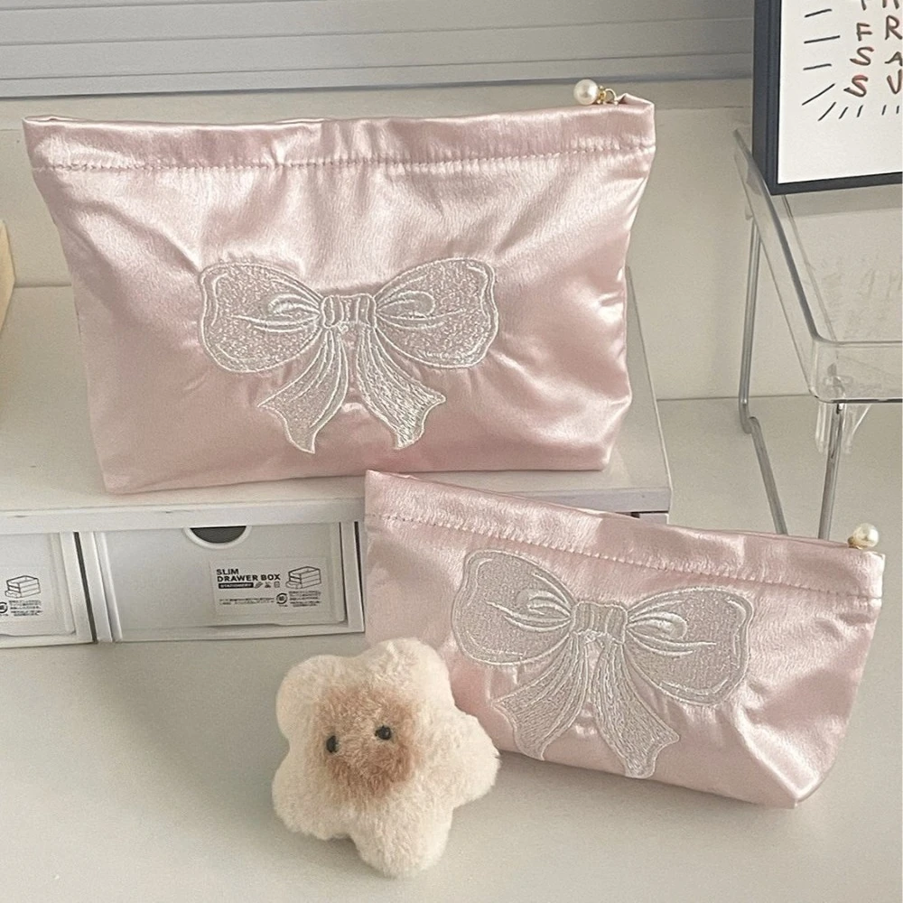 Pink Cute Bow Pearl Zipper Makeup Bag Travel Women Lipsticks Toiletry Storage Pouch Handbag Ladies Make Up Organizer Bag