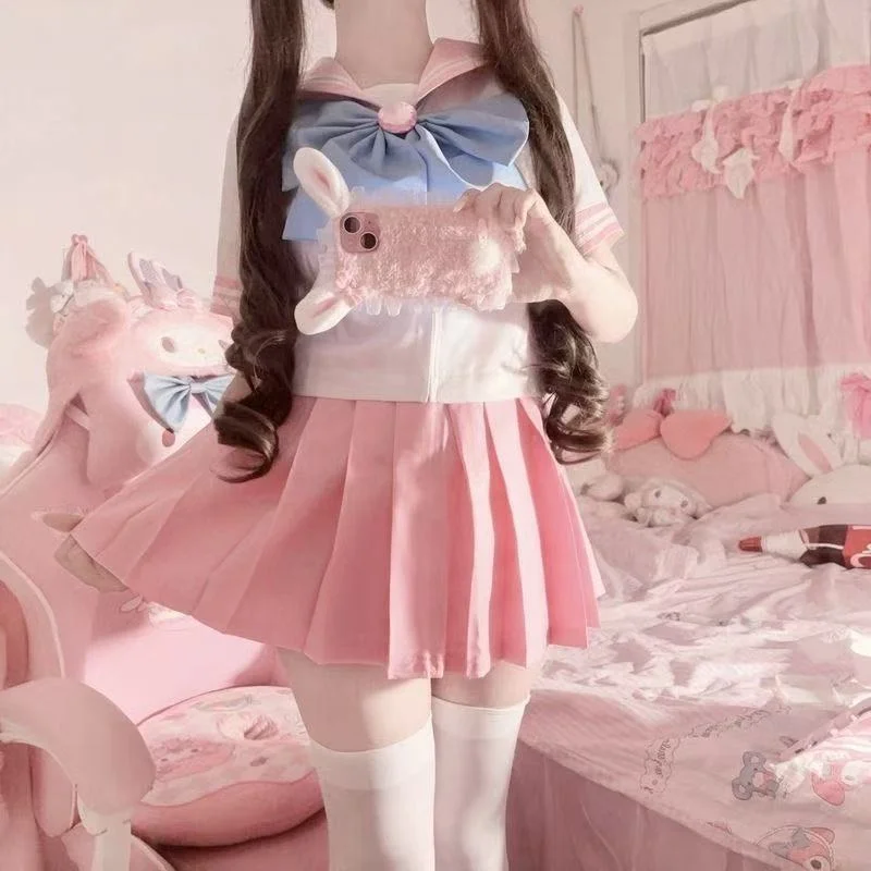 

plus Size Retro Bodyline Pink Sailor Suit School Uniform Set Short Sleeve Japanese Style Summer Fashion Kit for Young Women