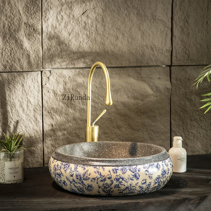 Bathroom single basin outdoor round basin retro blue and white table basin ceramic