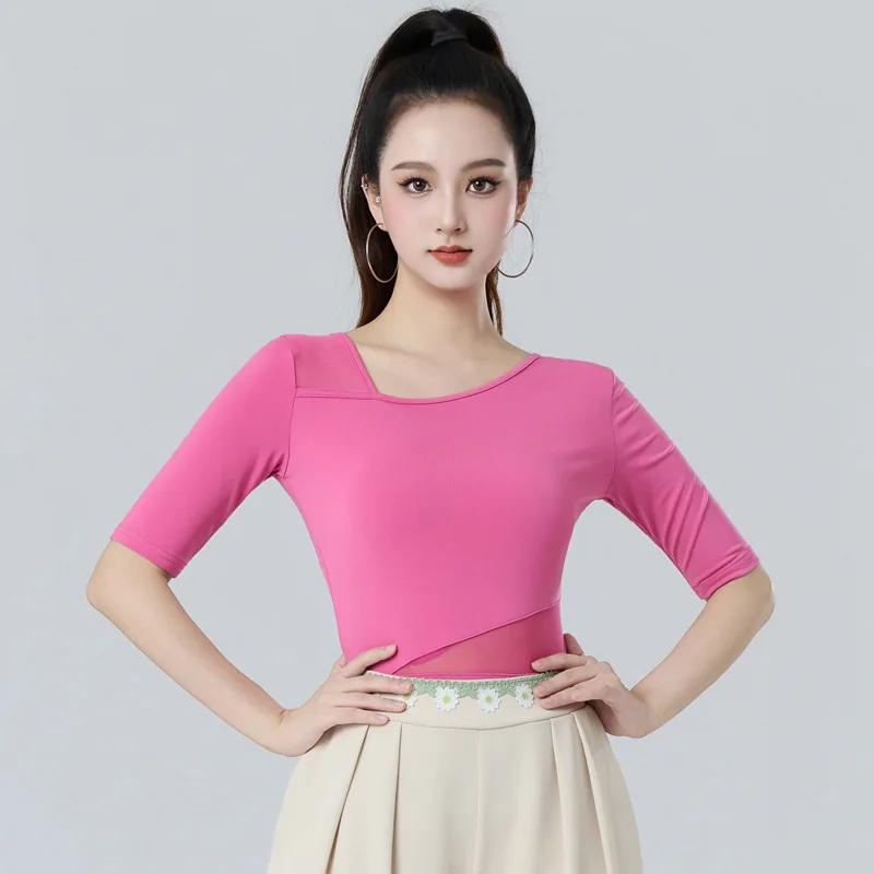 summer-2025-new-latin-dance-costume-women's-adult-v-neck-mid-sleeve-mesh-splice-dance-practice-uniform-square-dancing-top