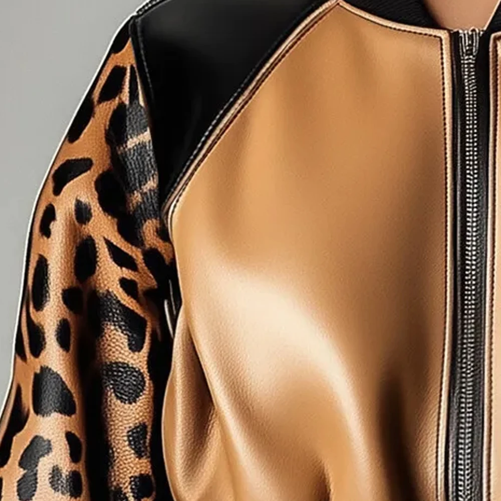 

Women's PU Leather Jacket Leopard Print Patchwork Lantern Sleeve Zipper O-Neck Short Baseball Coat Spring Autumn Fashion Street