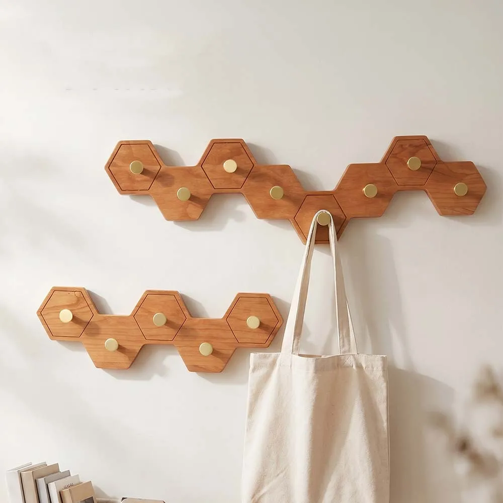 Honeycomb‑Shaped Vintage Solid Wood Wall Hanger With Brass Hooks Wall‑Mount Clothes Organizer Home Decor Accessory