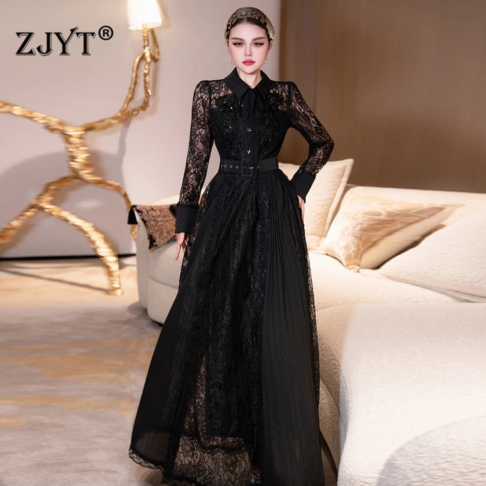 

ZJYT Runway Fashion Women's Long Black Lace Dress Elegant Autumn New 2025 Full Sleeve Sexy Evening Party Maxi Dresses Vestidos