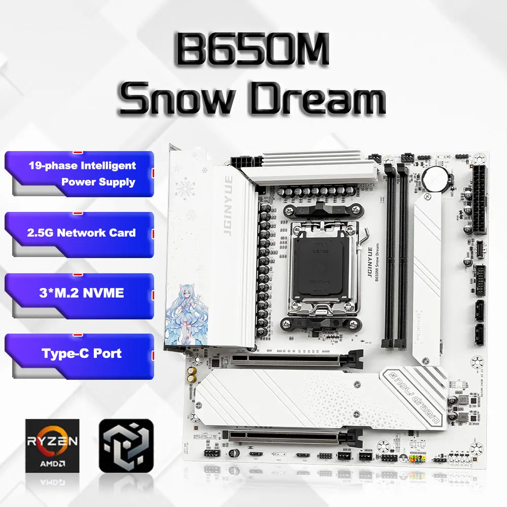 

B650M Snow Dream AM5 DDR5 ARGB M-ATX Материнская плата для игр поддерживает процессоры серии AMD AM5 Ryzen 7000/8000/9000 EXPO RAM