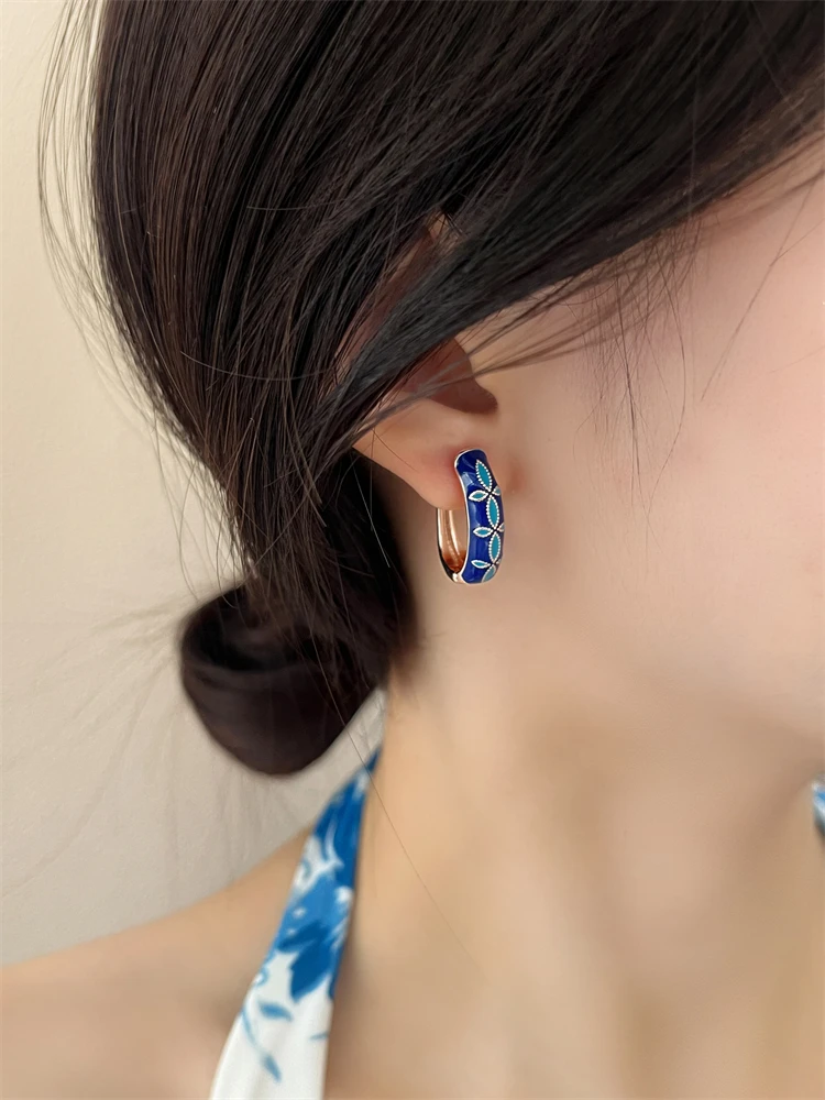 Cloisonné carved earrings women rose gold dark blue China-Chic antique enamel color earrings cheongsam hanfu send foreigners