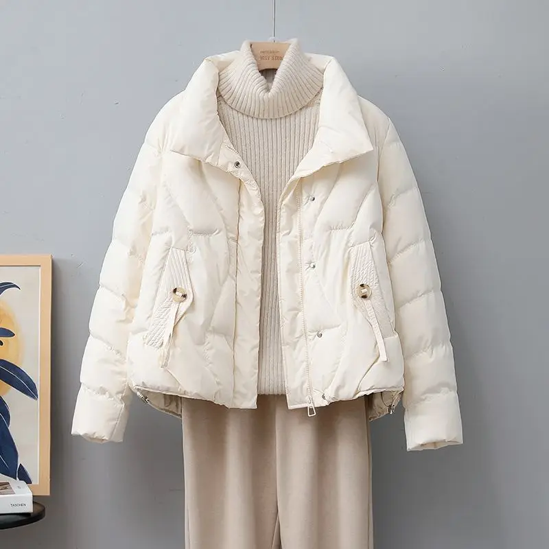 

Женская короткая куртка из белого утиного пуха с воротником-стойкой, декорированная, зимняя, в корейском стиле, для повседневной носки, утепленная, из полиэфирного волокна