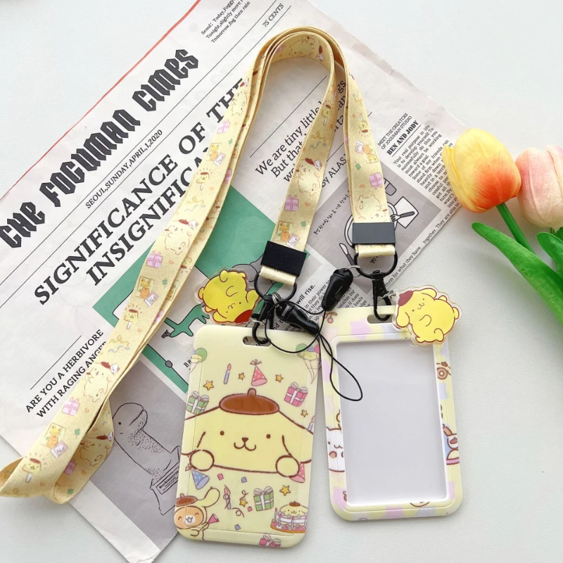 Sanrio Series Pom Pom Purin Badge Long Rope Card Holder Student Protection Card Access Control Bus Card Holder Cartoon ID Holder