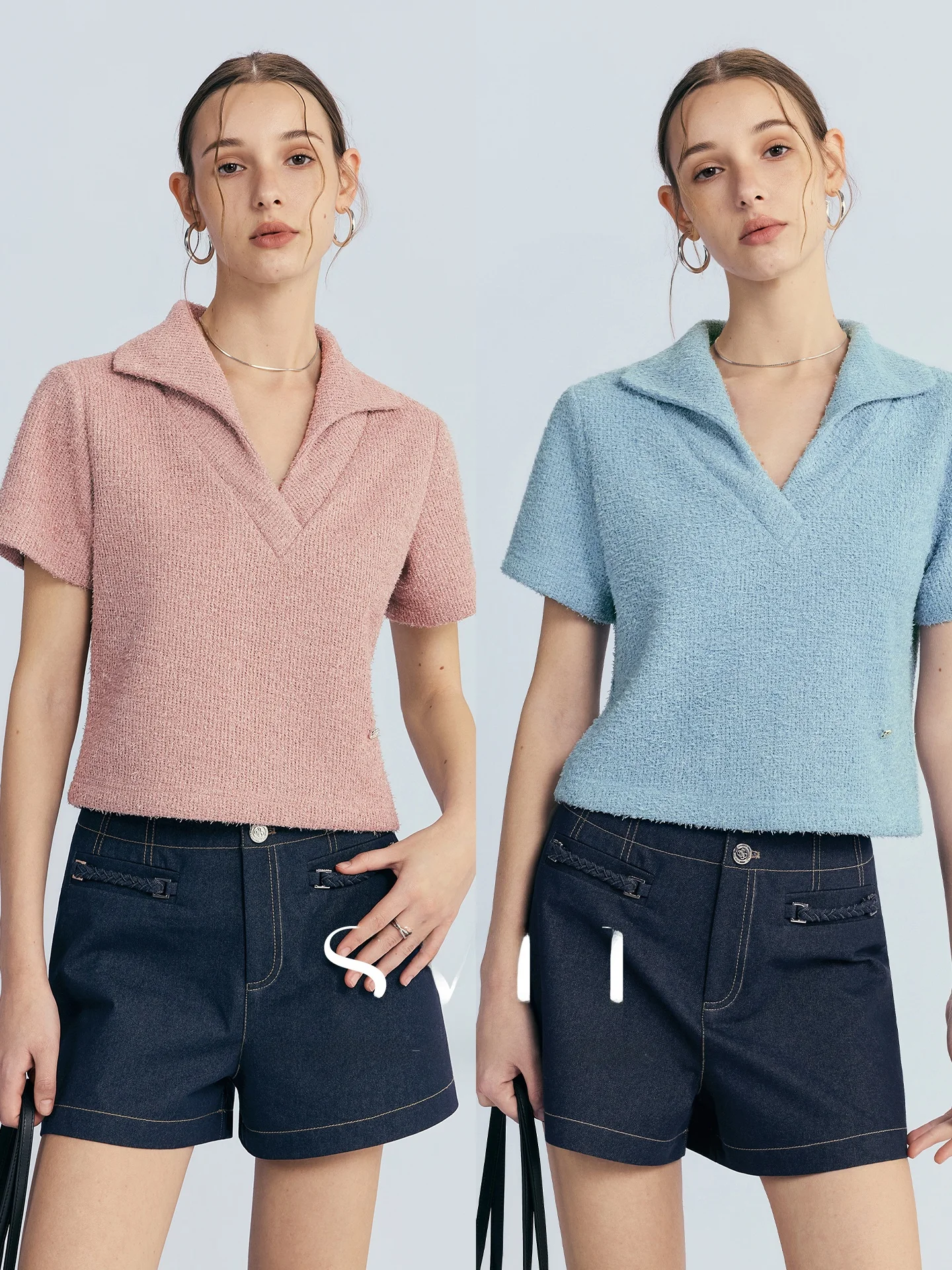 

Мягкая уютная вязаная футболка с коротким рукавом и воротником-стойкой, с бархатистой текстурой, женская, свободного кроя, весенняя мода, простой стиль