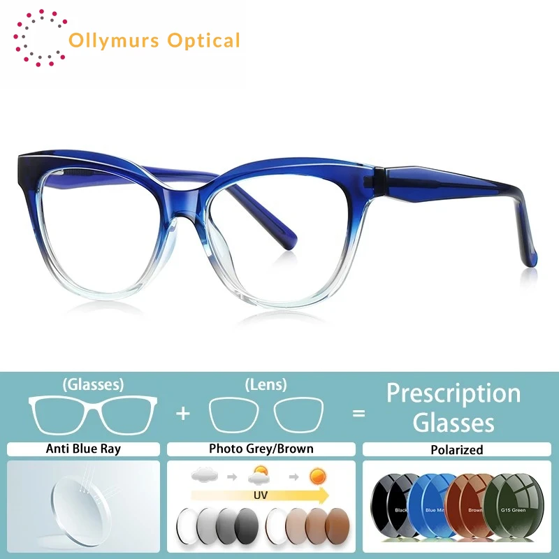 

OLLYMURS Classic Cat Eye Gradual Color Photochromic Progressive Multifocal Customizable Myopia Anti-blue Light Glasses Women LS0