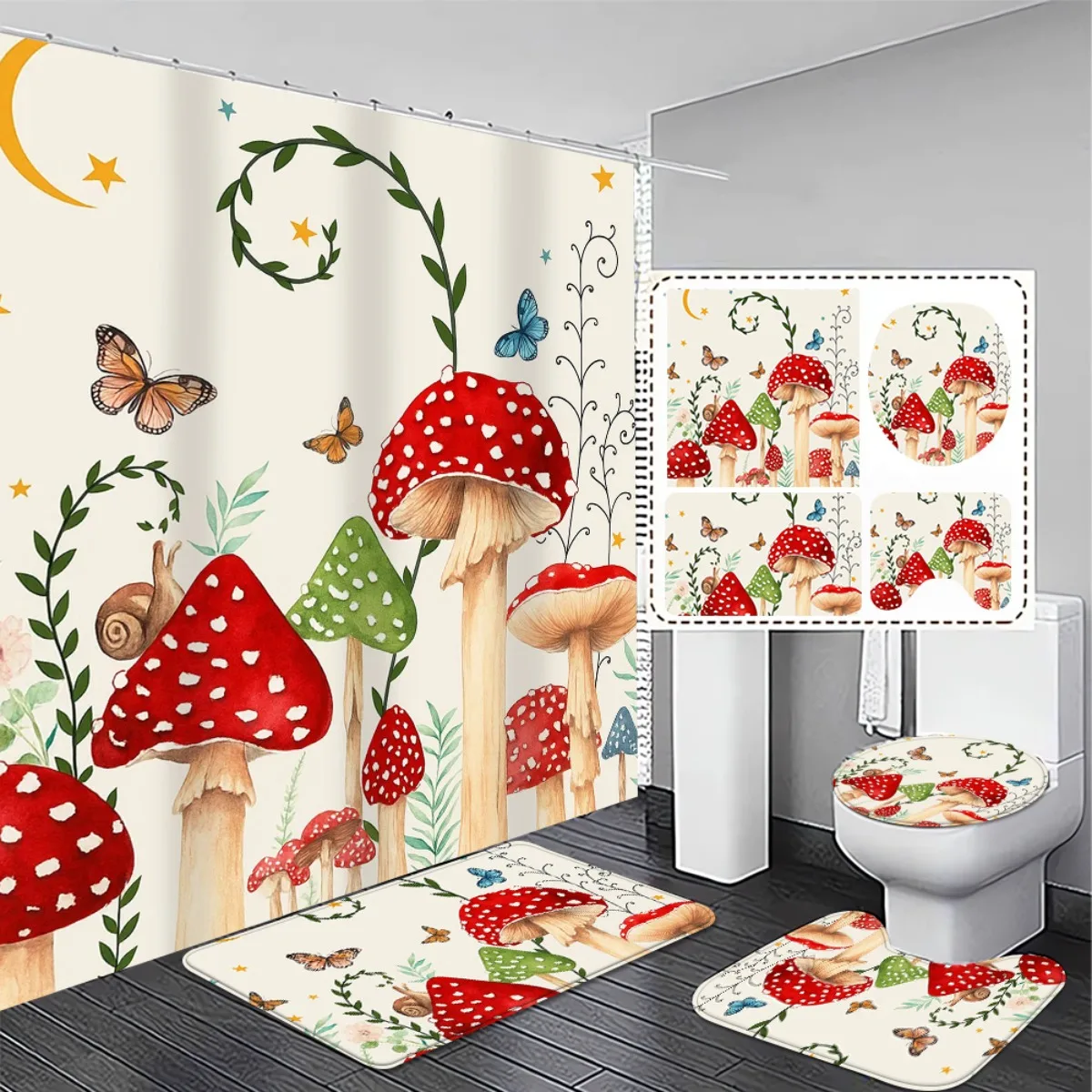

4pcs -Friendly -Tale Mushroom Bathroom Set with Non-Slip Shower Curtain, Rug & Toilet Cover - Red White Green Forest Theme