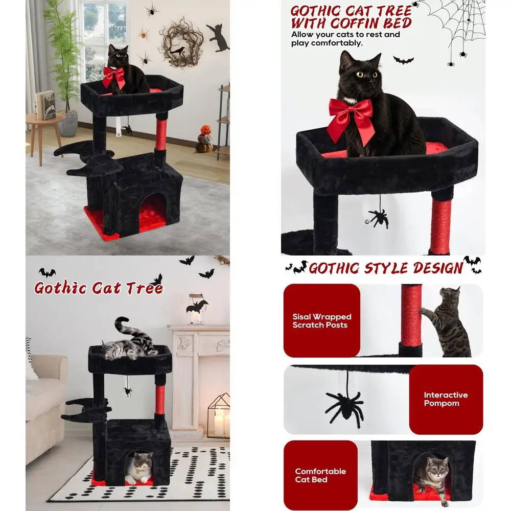 

Дерево для кошек в готическом стиле с лежанкой-копилкой, стойкой для когтей и игровой площадкой для крупных кошек, черно-красное