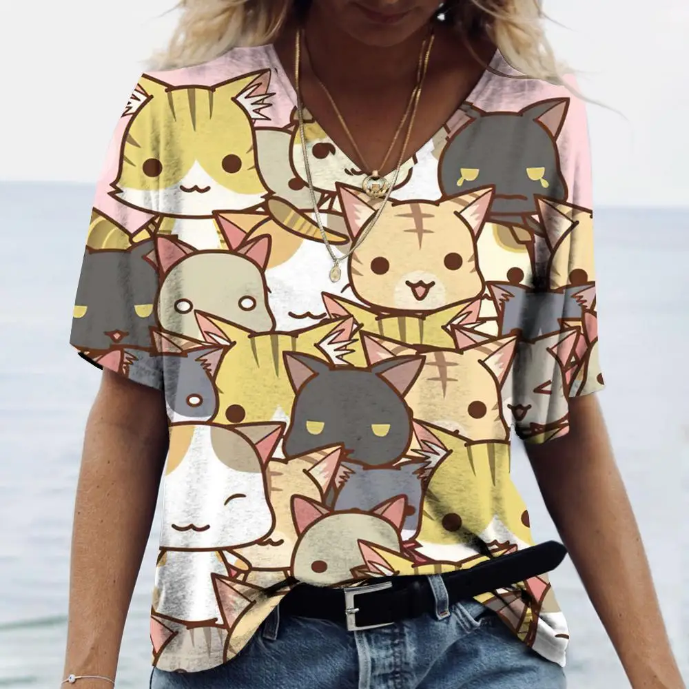 Women's T-shirt Funny Cat Print Women's T-Shirt Oversized T-Shirt Top Summer NEW Casual Women Clothing Design  V Neck Tops Tees