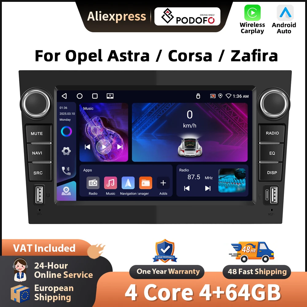 Podofo 7'' Wireless Carplay Android Auto Radio für Opel Astra/ Corsa/ Zafira, intelligente Fahrzeugsysteme, GPS-Navigation, BT, FM/RDS, 2din Autoradio, Head Unit, SWC, intelligente Fahrzeugsysteme,